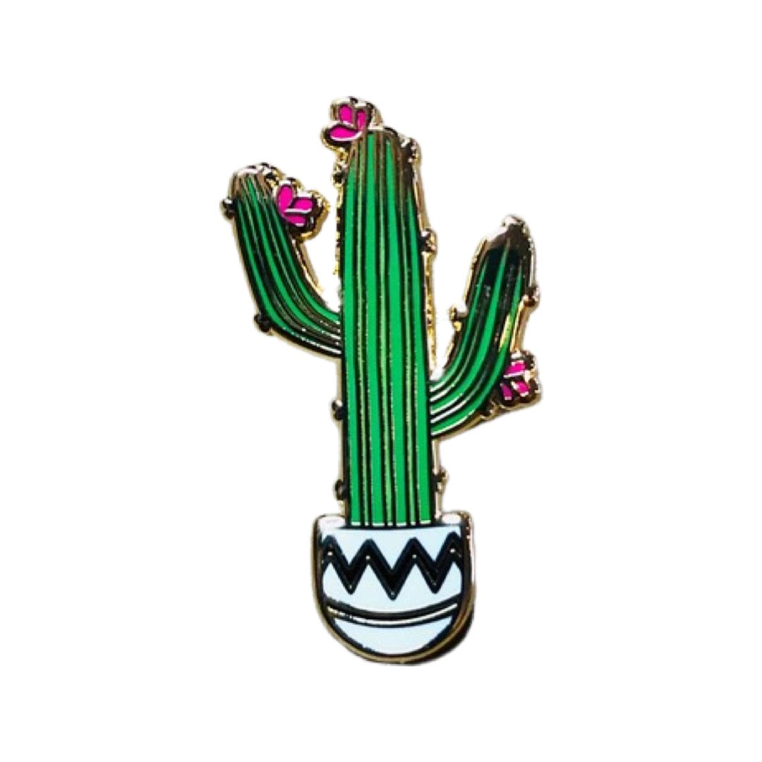 Saguaro cactus with pink flowers in a white pot.