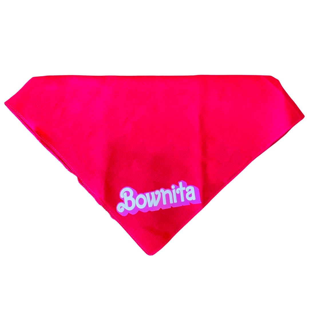 Bright pink dog bandana reads, "Bownita."