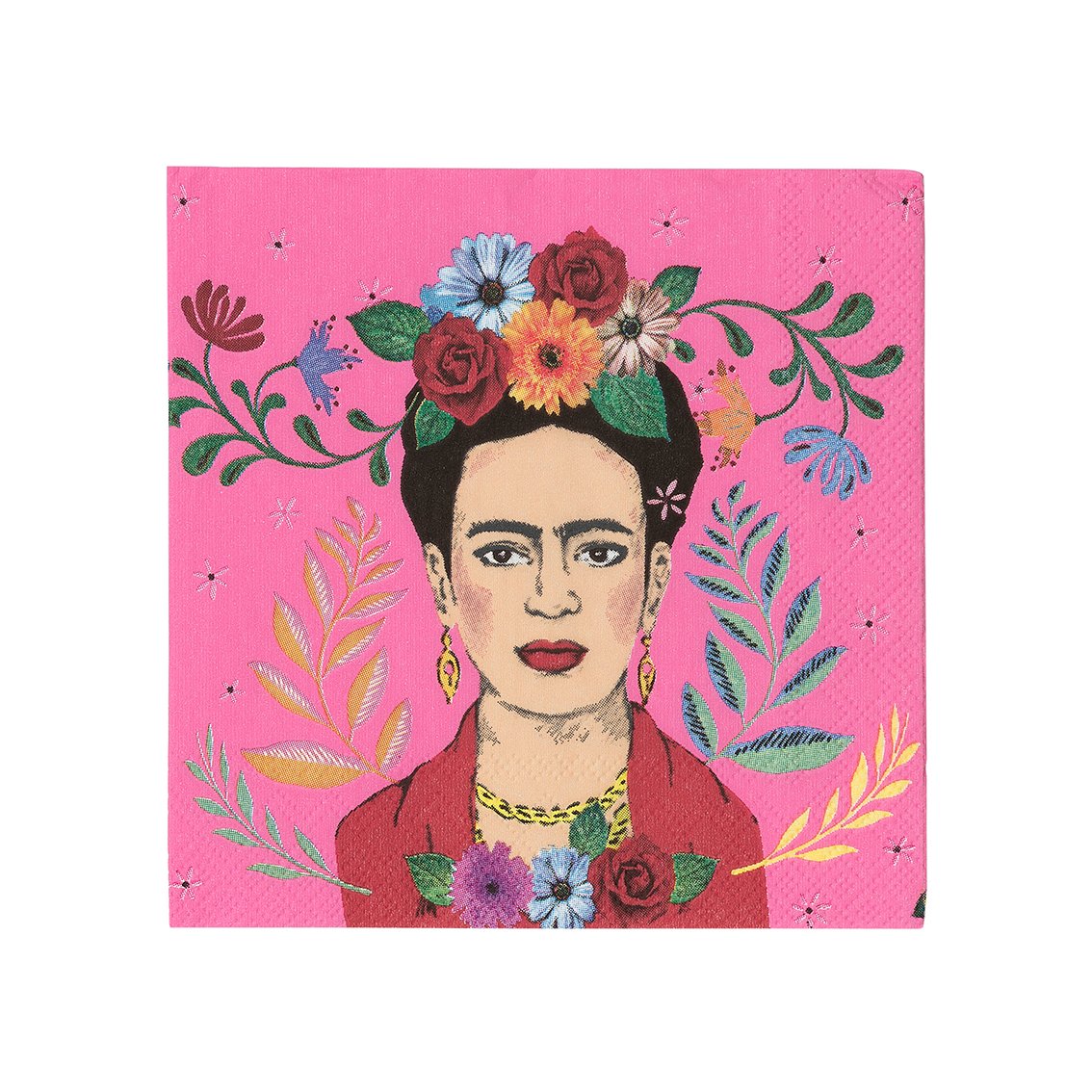 Frida Kahlo self portrait print square napkins in pink. Design features colorful flowers with vines. 