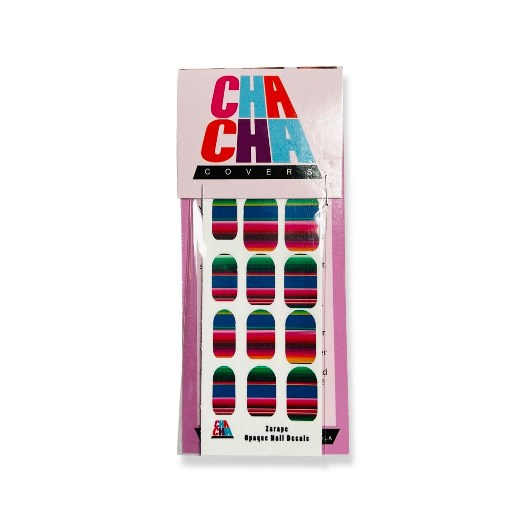 Package of nail decals featuring a serape stripe design
