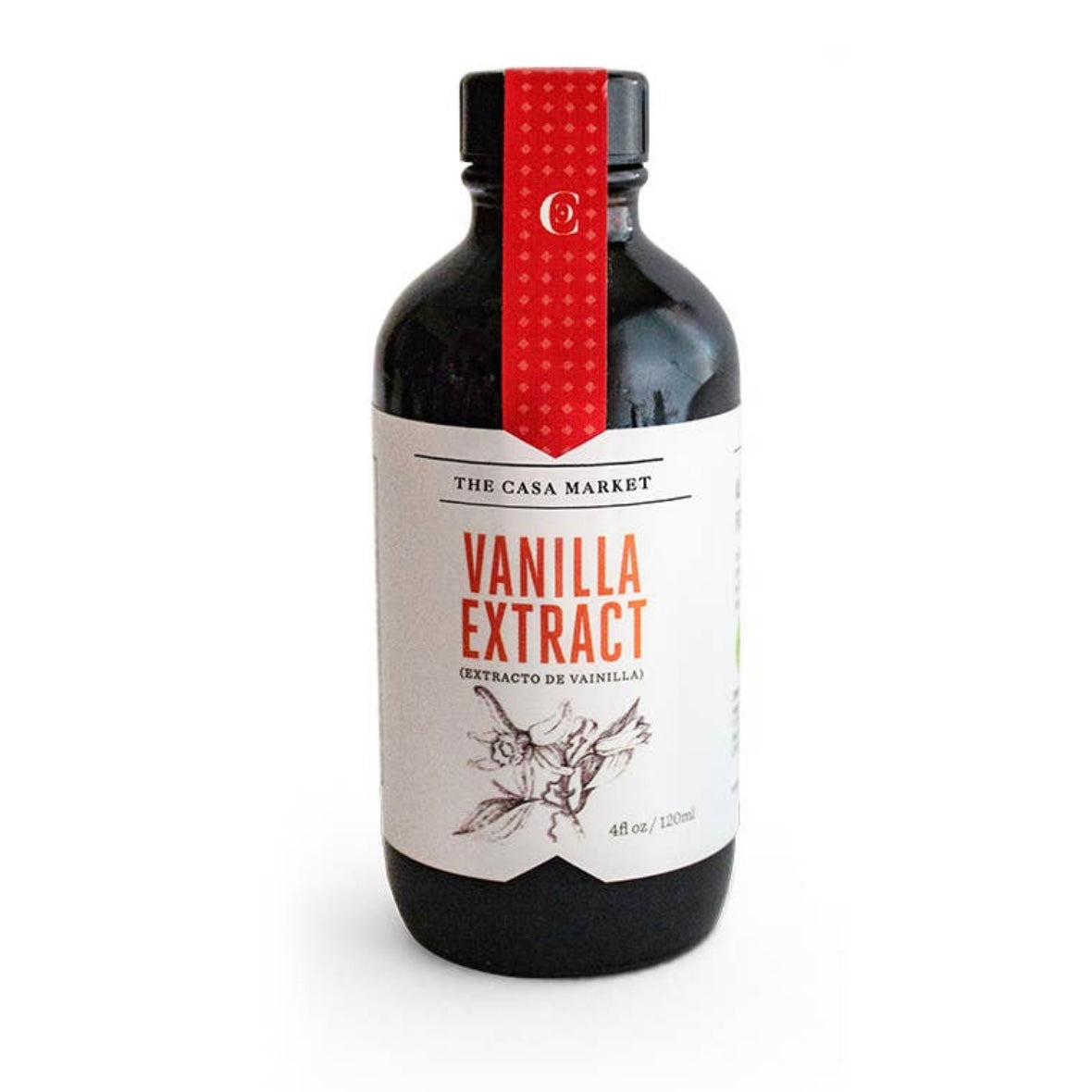 Vanilla Extract in glass branded bottle with cap.