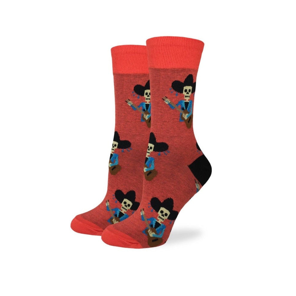 Red women's mid calf mariachi skeleton socks with black detail.