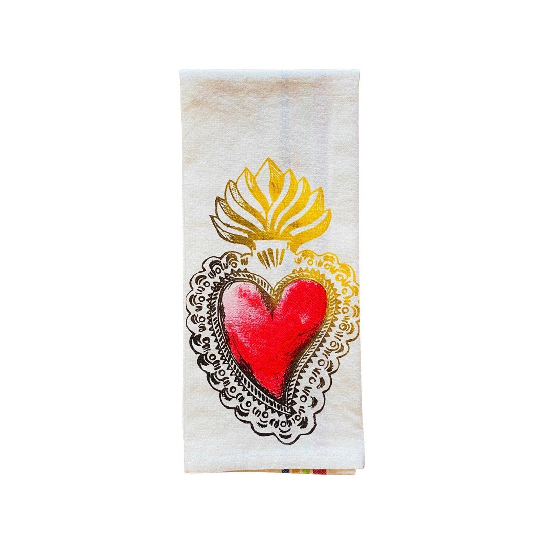Loteria dish towel featuring sagrado corazon (sacred heart) design.