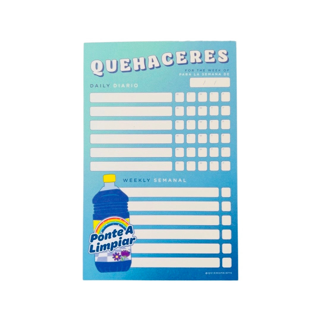 Quehaceres Chore Chart Notepad. Design features blue background and all purpose cleaner bottle graphic that reads, "Ponte A Limpiar."
