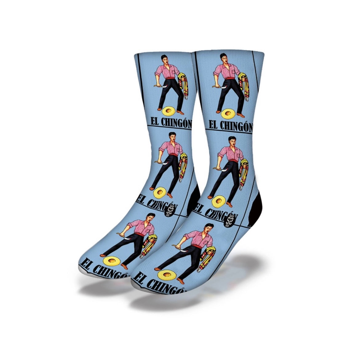 Men's mid calf El Chingon loteria inspired socks with pale blue and black accents.