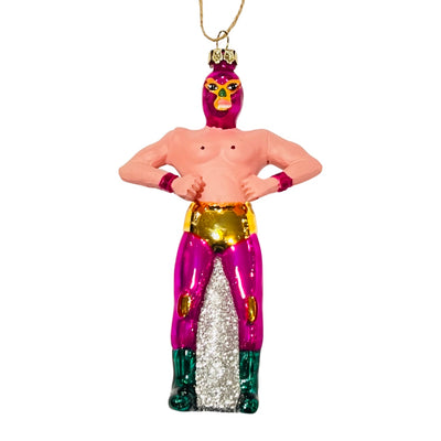 Hand-painted glass Luchador ornament in pink with glitter accents.