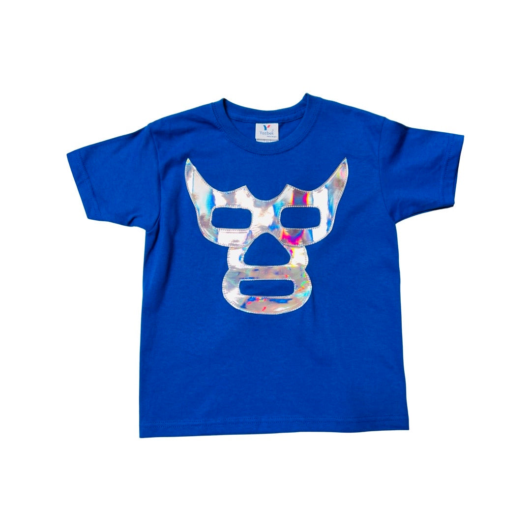 Bright blue luchador mask kid's shirt with holographic detail.
