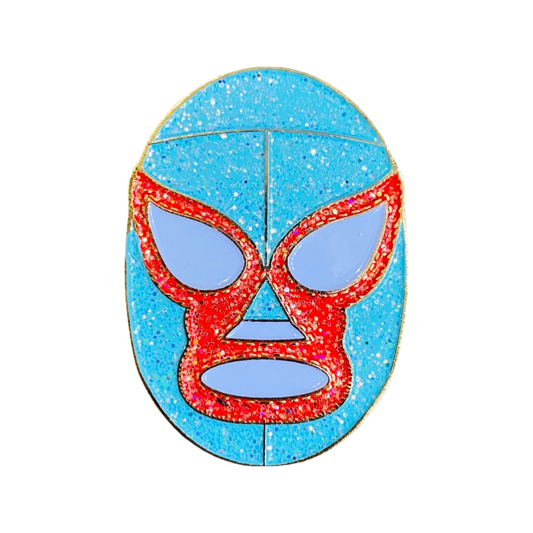 Blue and red Luchador mask with glitter pin