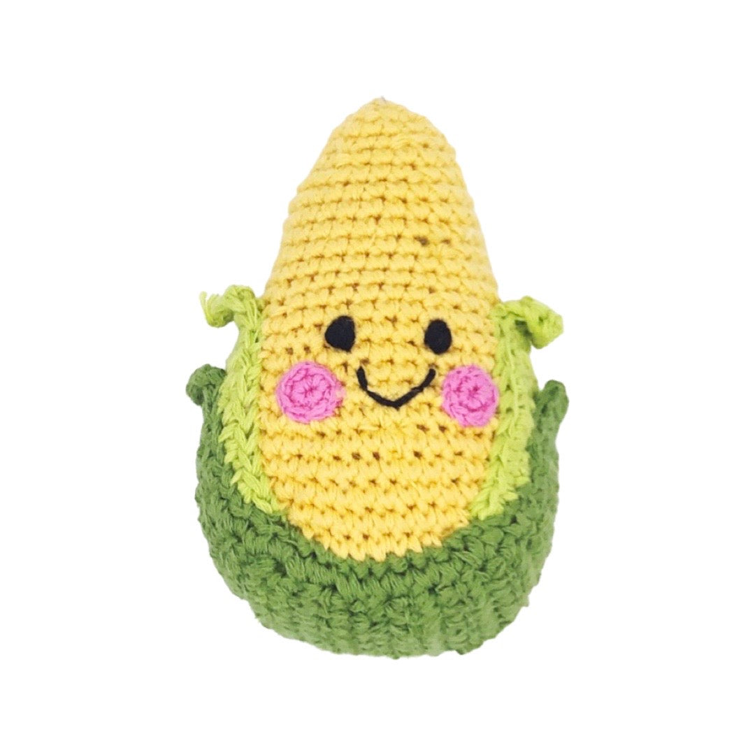 Friendly, smiling corn rattle.