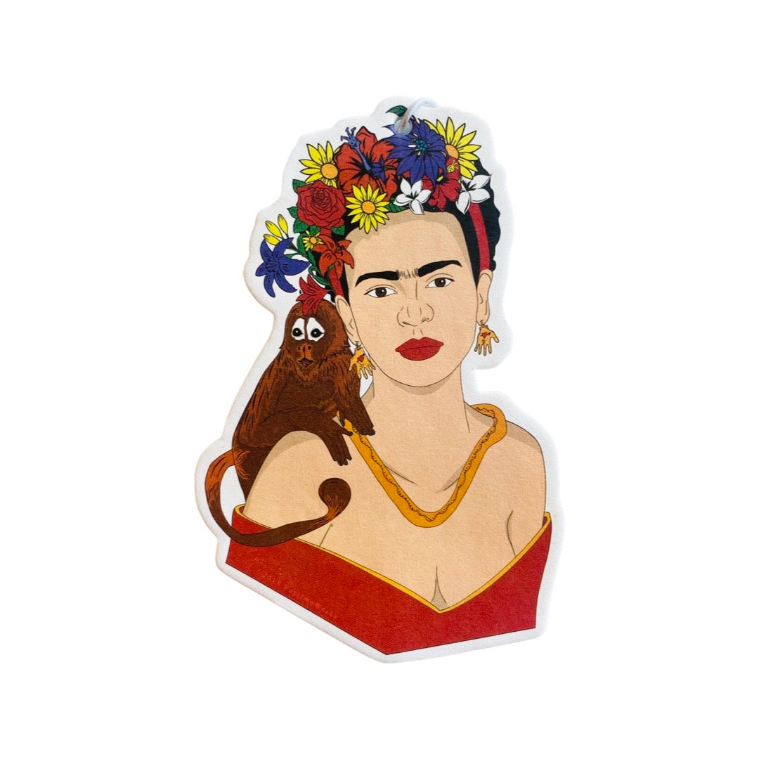 Frida Kahlo in a red dress with a colorful floral crown and monkey on her shoulder as an air freshener.