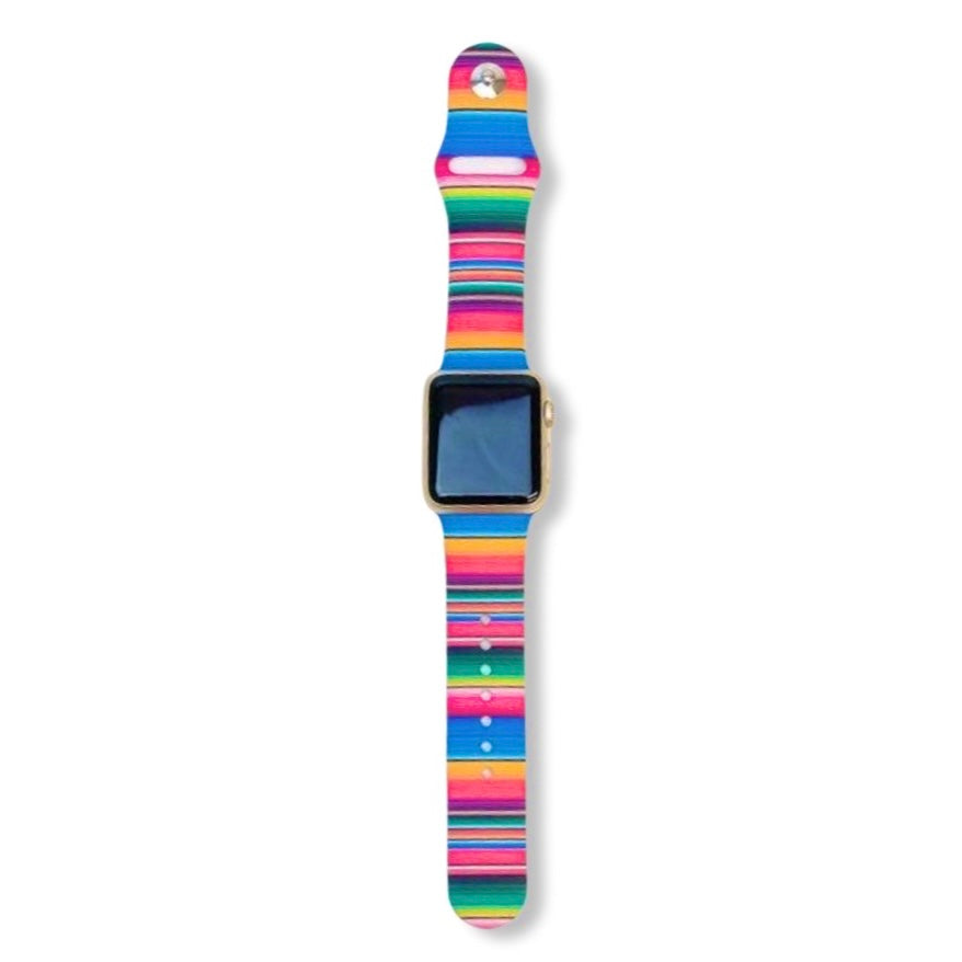 Top view of multicolored serape silicon watch band.