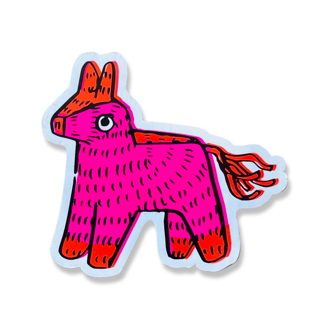 Pink Piñata magnet with a white border