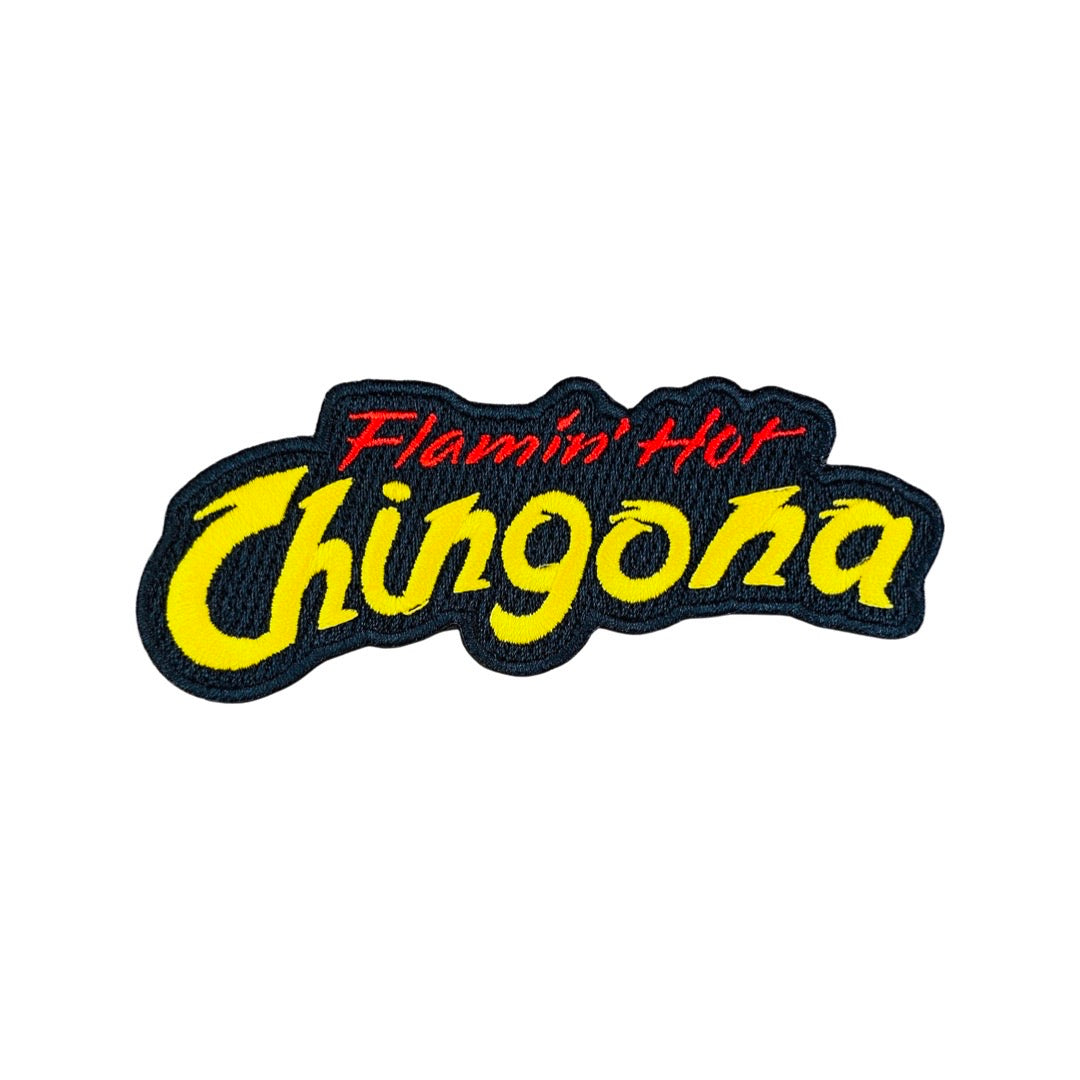 Flamin Hot Chingona iron on patch in red and yellow lettering. 