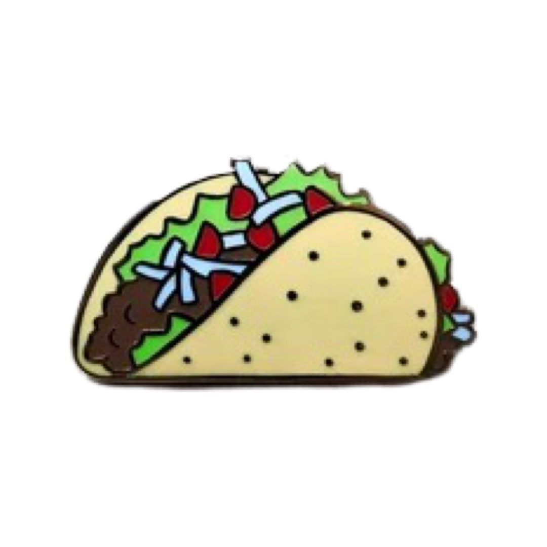 Enamel taco pin shown with brown filling, green lettuce, red tomatoes and white cheese.