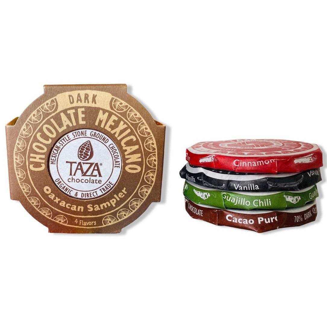 Front view of Taza Chocolate - Oaxacan sampler featuring side view of the featured flavors: cinnamon, vanilla, guajillo chili, and cacao puro in branded packaging. 