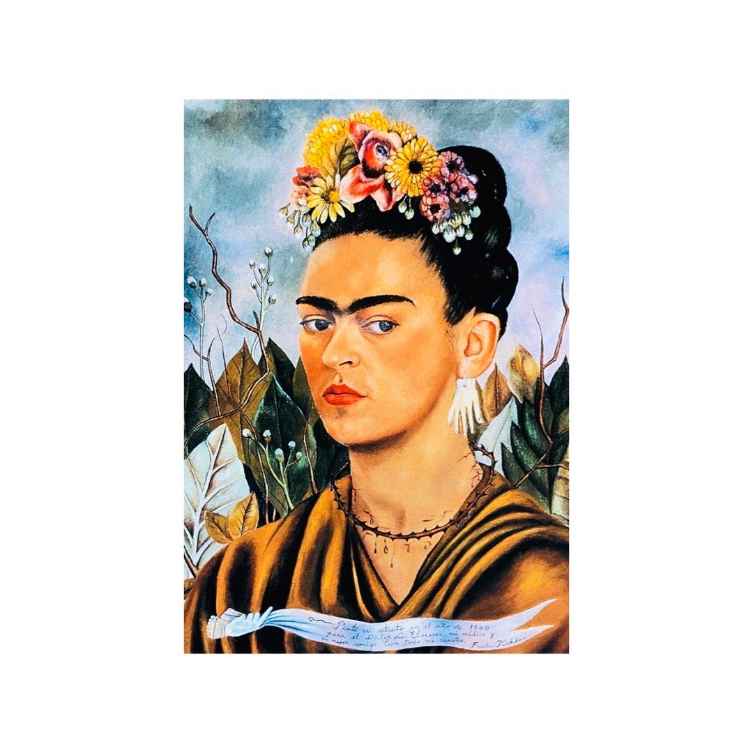 Vintage self portrait Frida Kahlo with hand painting postcard.