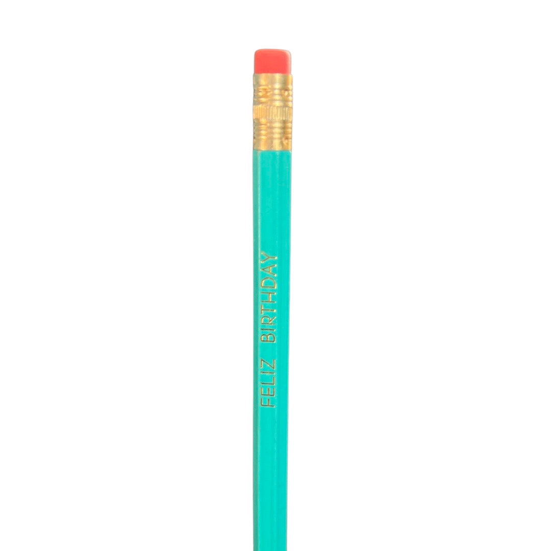 Turquoise Feliz Birthday phrase pencil. 