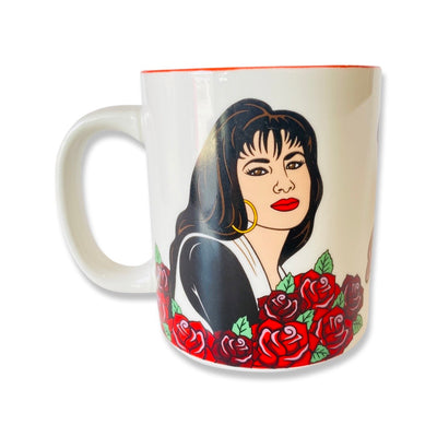 Viva La Mujer mug featuring Selena Quintanilla surrounded with red roses.