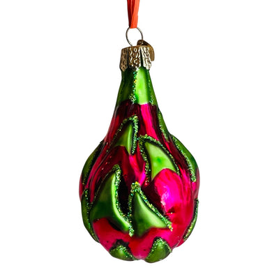 Back view of hand-painted glass dragon fruit ornament with glitter accents. Dragon fruit is pink and green.
