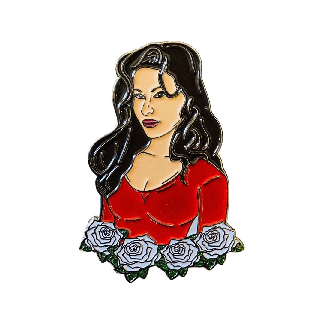 La Bonita (Selena Quintanilla) enamel pin. Design features white roses.