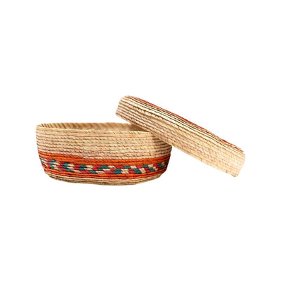 Side view of small woven tortilla basket. 