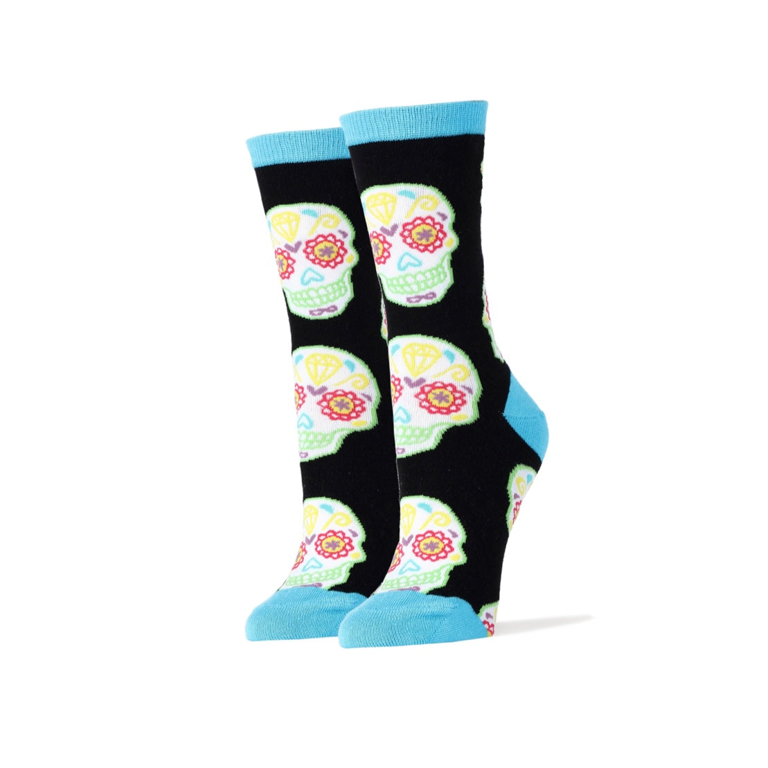 Women's black socks featuring white and multi-colored sugar skulls with blue ankle, heel and toe accents.