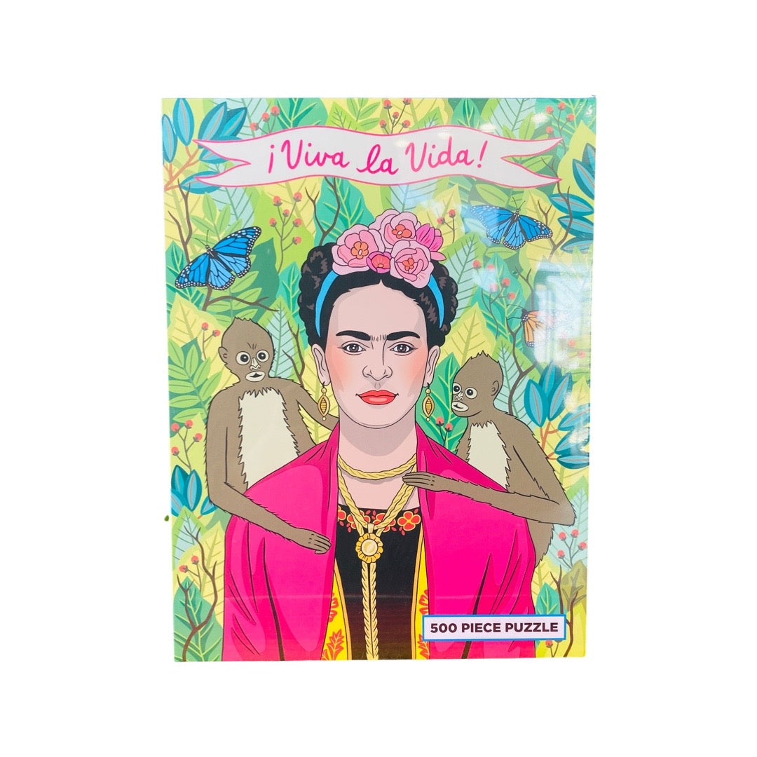 Puzzle featuring Frida Kahlo, Two monkeys and a banner with the phrase Viva la Vida.