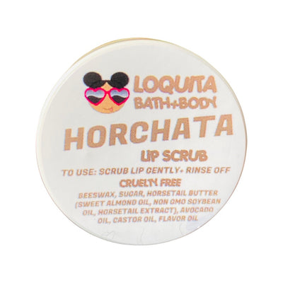 Horchata (sweet rice water) lip scrub in circular branded jar with lid.