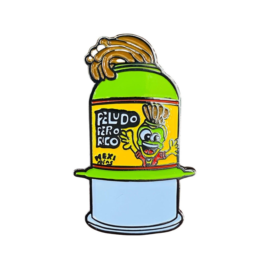 Green and white Pelon with yellow label that reads "Peludo pero rico" pin.