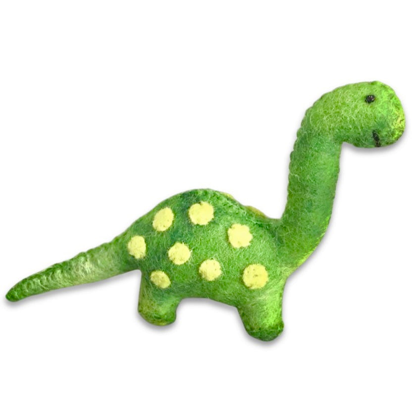 Felt green dinosaur toy with yellow spots.