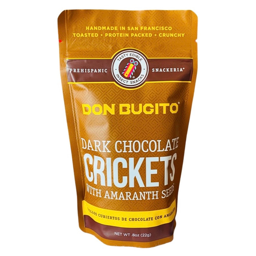 front view of Dark Chocolate Crickets in branded plastic pouch with a Ziploc style closure.