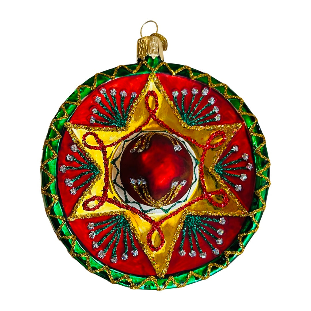 Green, red, & gold colored sombrero with glitter accents