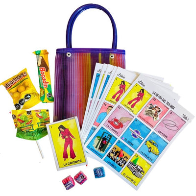 La Reina loteria pack includes one Loteria game pack (6 player), an assortment of Mexican candy, beans & mini chiclets.