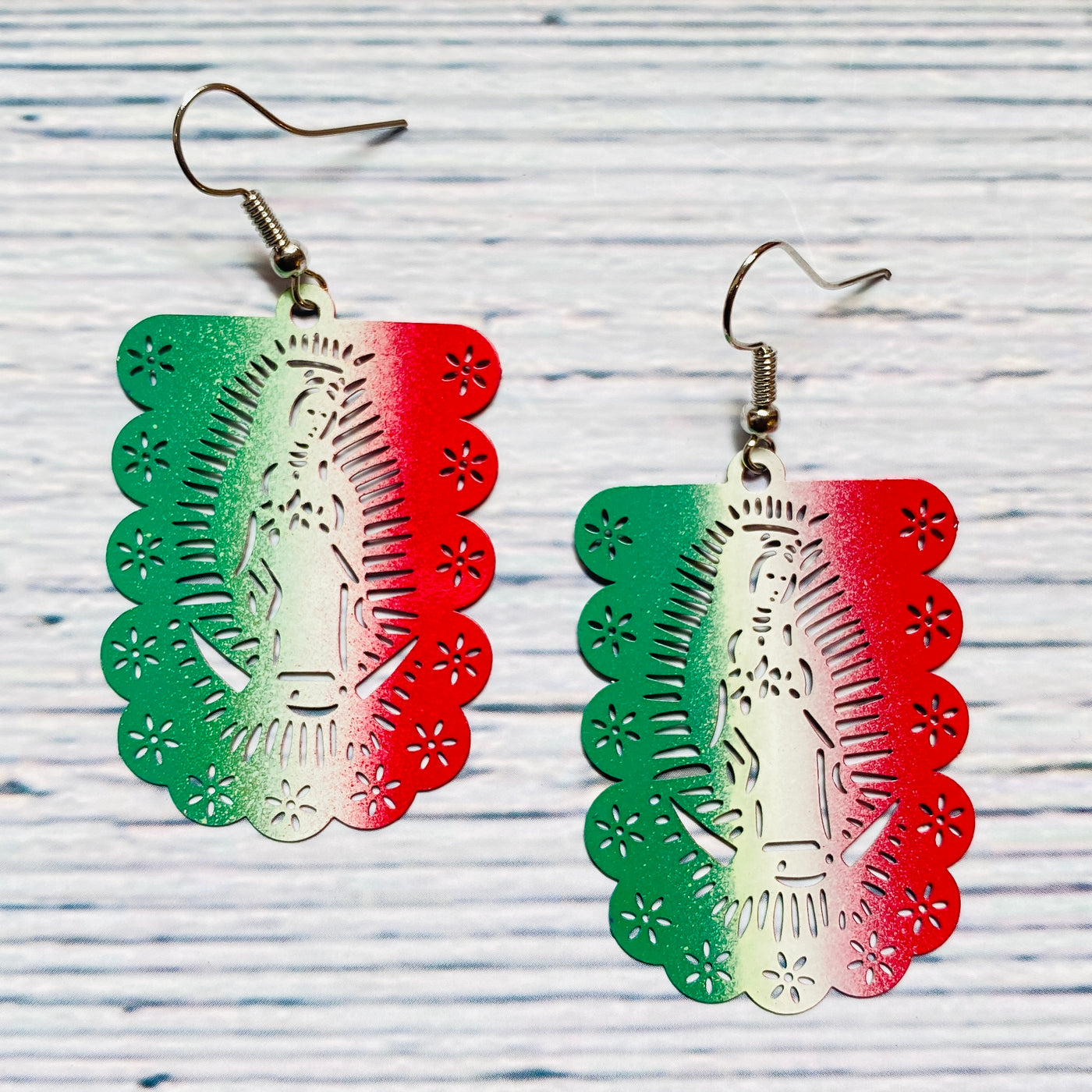 Mexican flag colored Virgen de Guadalupe Earrings. 