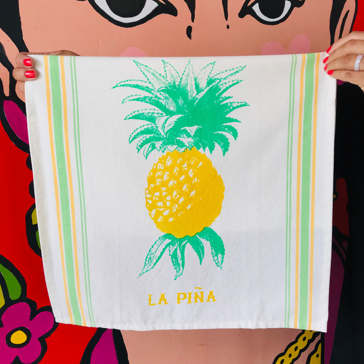 Hand-painted and handprinted La Piña Loteria themed kitchen towel 