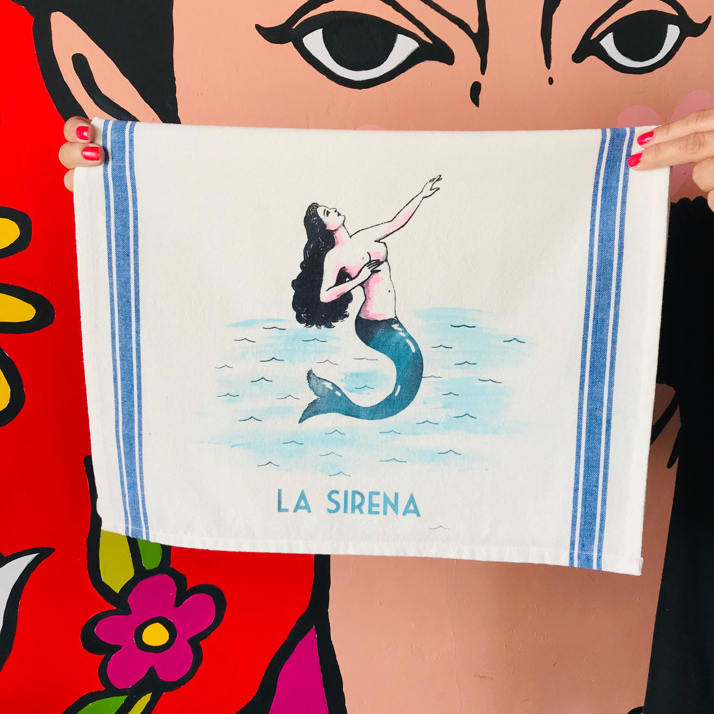 Hand-painted and handprinted La Sirena Loteria themed kitchen towel