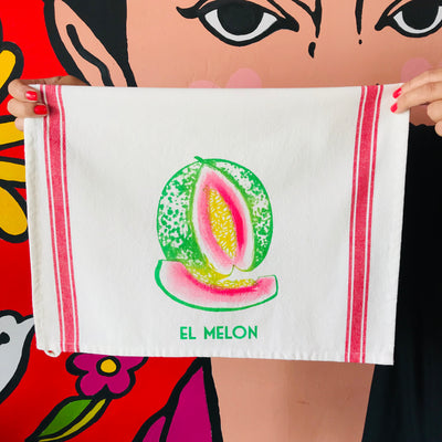 Handpainted and handmade El Melon Loteria themed kitchen towel