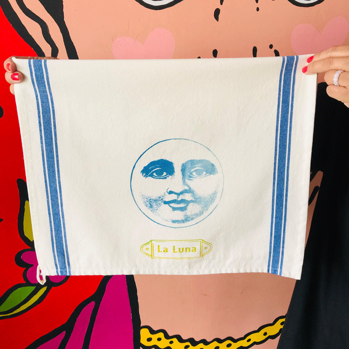 Hand-painted and handprinted La Luna Loteria themed kitchen towel