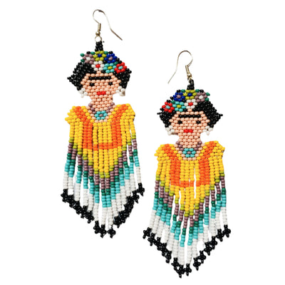 set of multi-color seed bead Frida Kahlo earrings