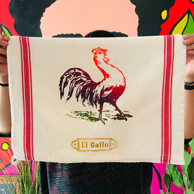 Loteria themed dish towel of a El Gallo/rooster image