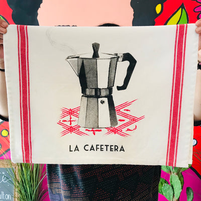 La Cafetera Lotería themed dish towels with a coffee maker and red detailing