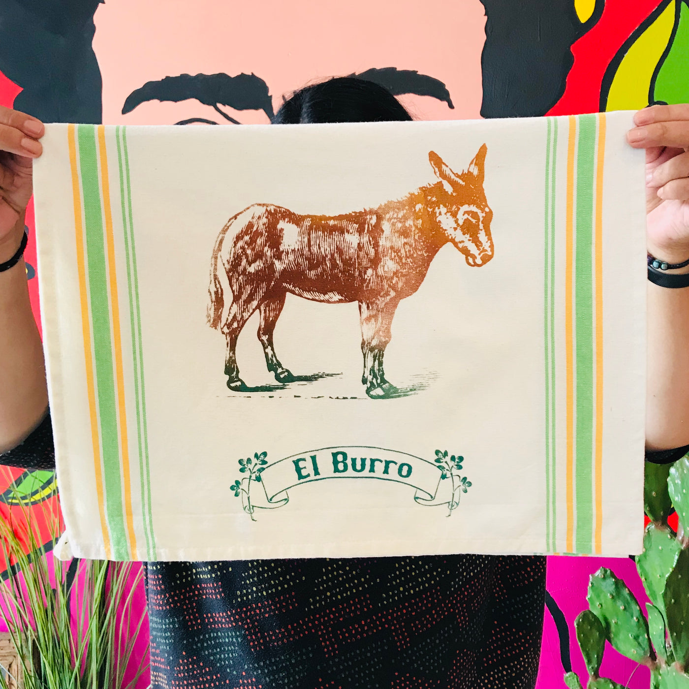 Loteria themed dish towels of a donkey/el burro