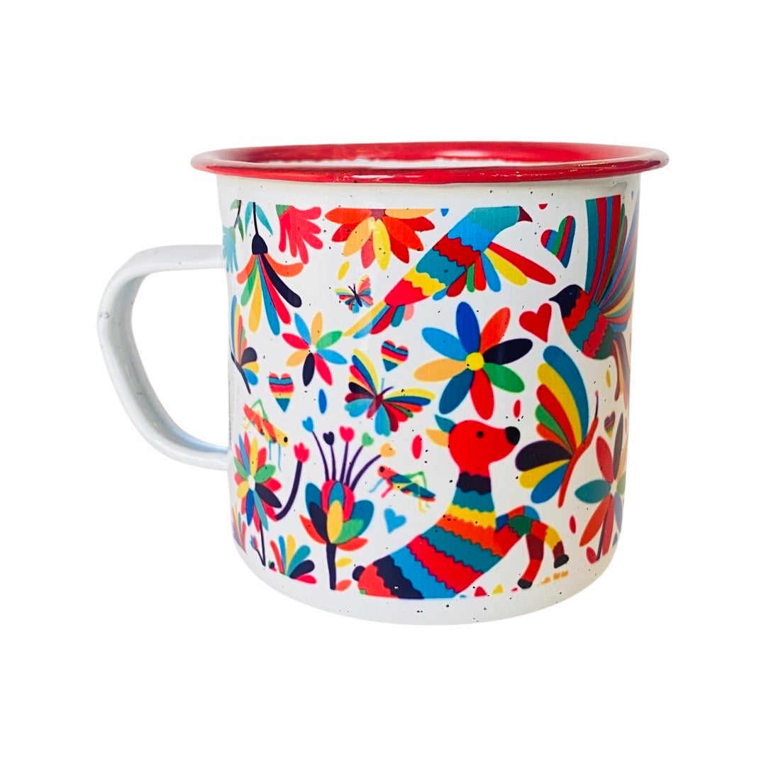 Colorful Otomi Enamel Steel mug with red rim. 
