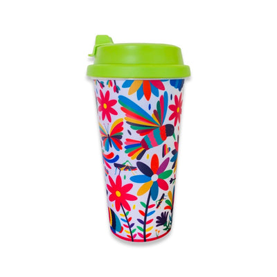 Colorful Otomi Tumbler with green lid. 