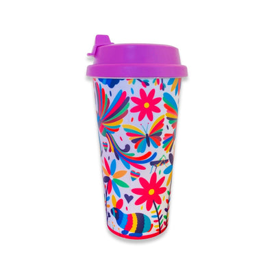 Colorful Otomi Tumbler with pink lid. 