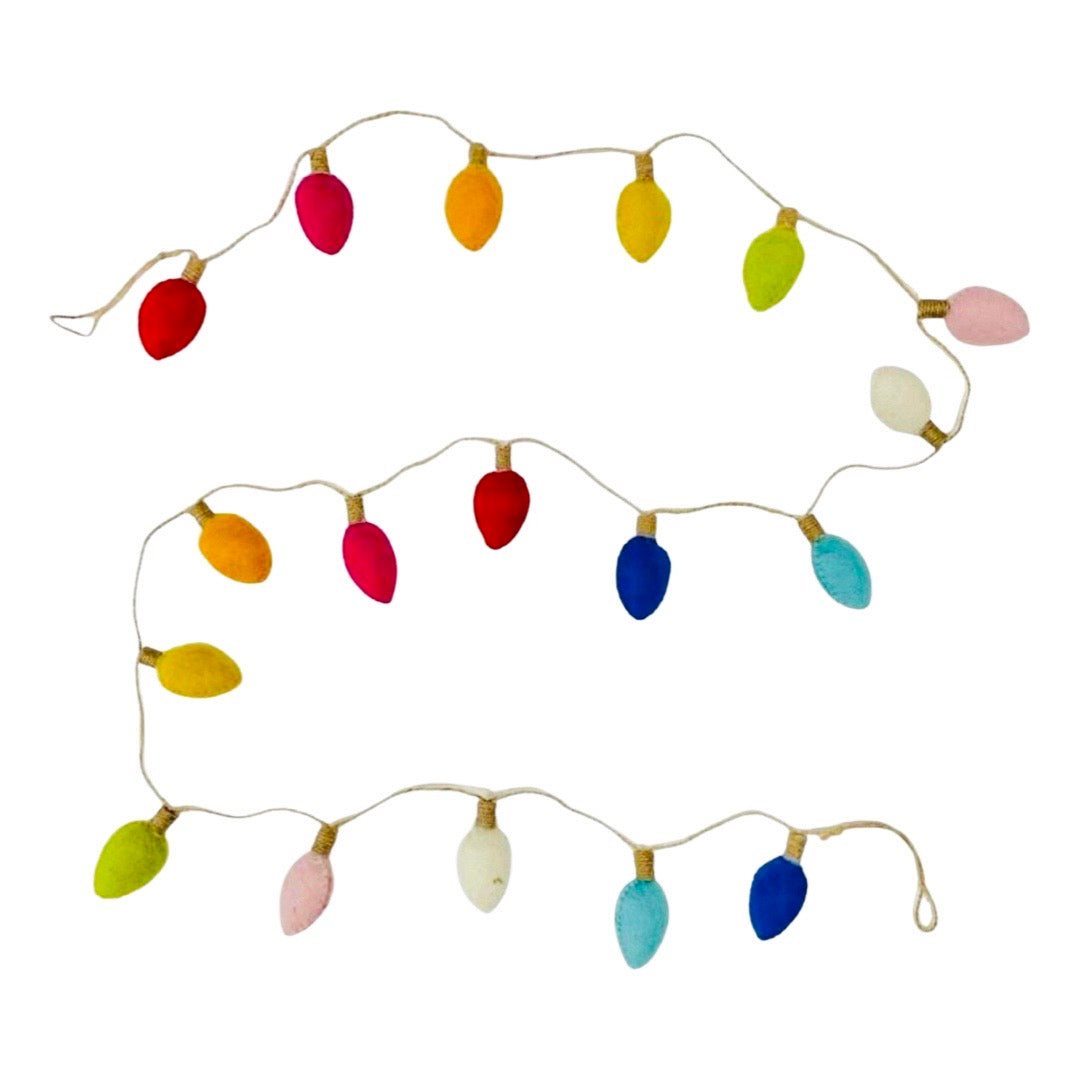 A garland of felt vintage Christmas lights of various color.