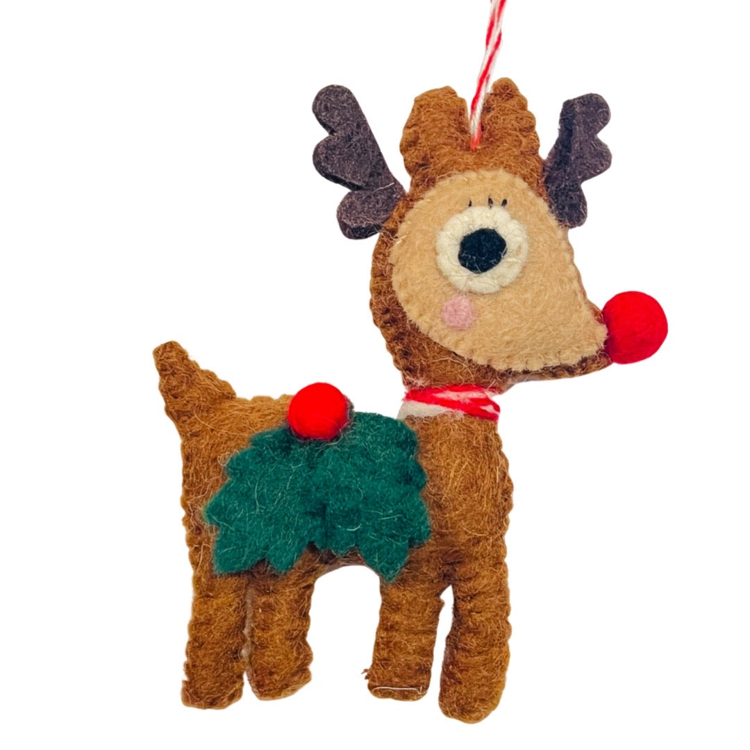 Felt Rudolph ornament featuring a mistletoe on his side. 