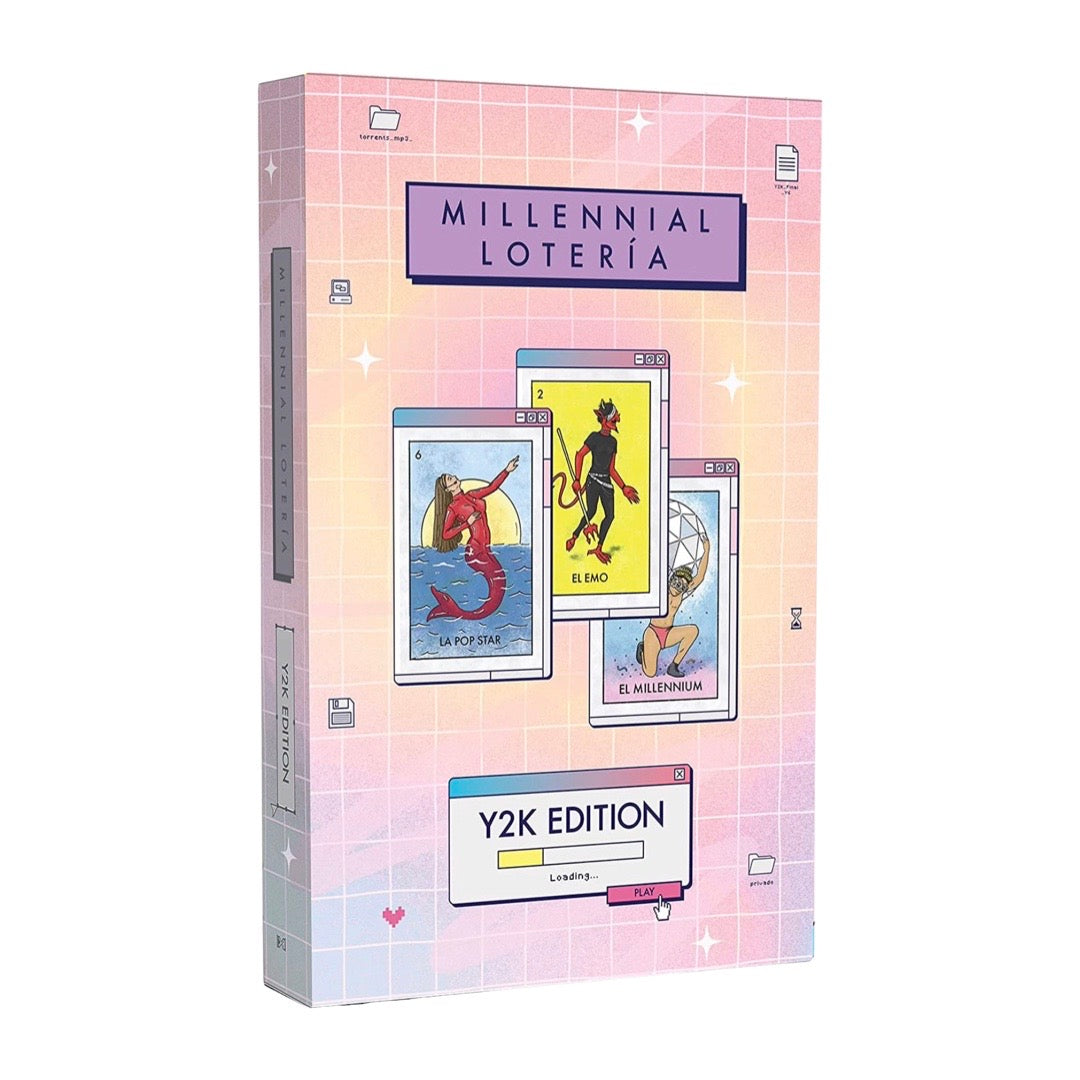 Pink Millennial Loteria - Y2K Edition game that features 3 loteria style cards on the front that have images of pop culture references of the 2000's. 
