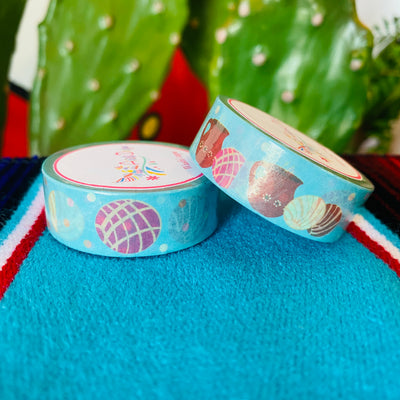 Close up of conchas y cafecito blue washi tape.