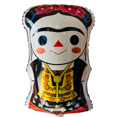 Frida Kahlo balloon. Frida has a Maria doll style appearance. Main colors featured are red, black, and yellow. Frida wears a red flower crown and traditional dress.